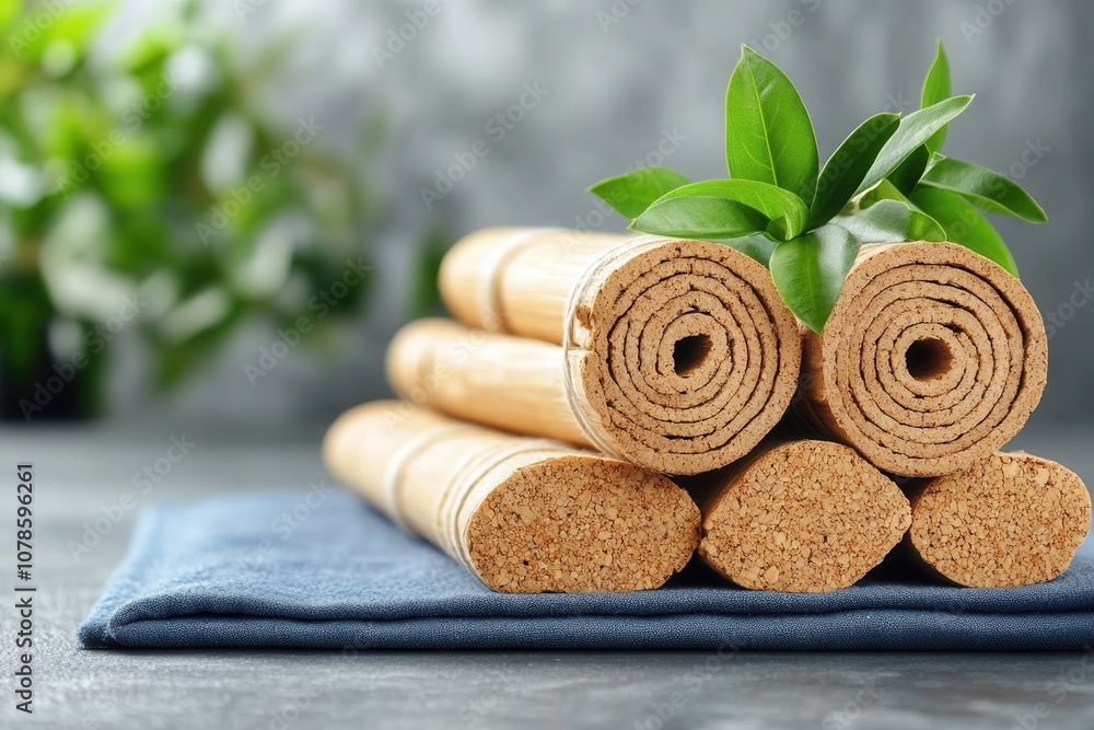 Fototapeta premium Cork rolls are stacked on a navy textile with greenery subtly blurred in the background.
