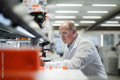 Engineer working in a modern laboratory analyzing samples