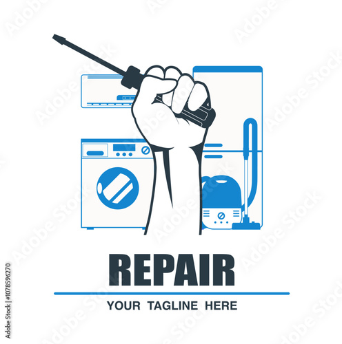 Concept for home appliances repair service. Hand squeezes a screwdriver. Vector illustration.