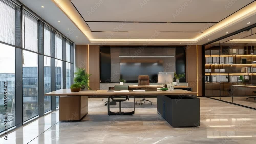 A modern, well-lit office space with sleek furniture, large windows, and plants, reflecting a professional and minimalist atmosphere. A modern, well-lit office space with sleek furniture, large windows, and plants, reflecting a professional and minimalist atmosphere.
