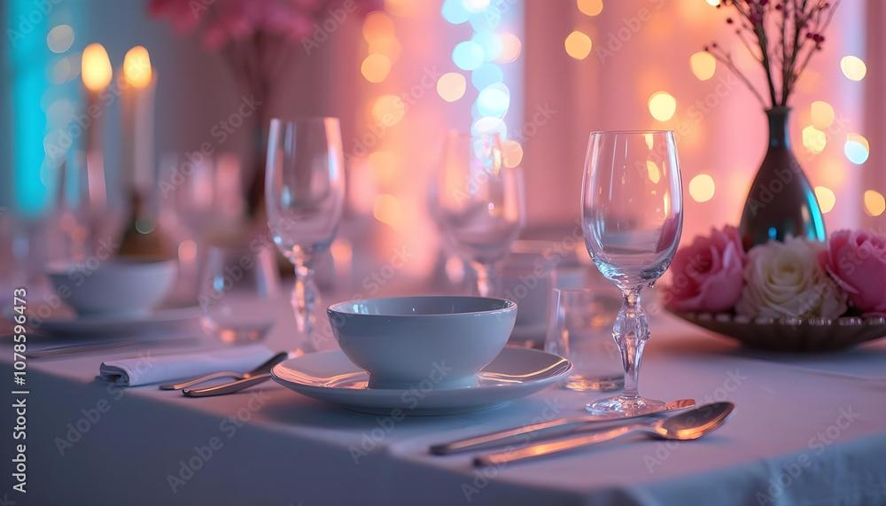 Elegant dining table set with glassware, plates, and soft lighting creates warm atmosphere for special occasion