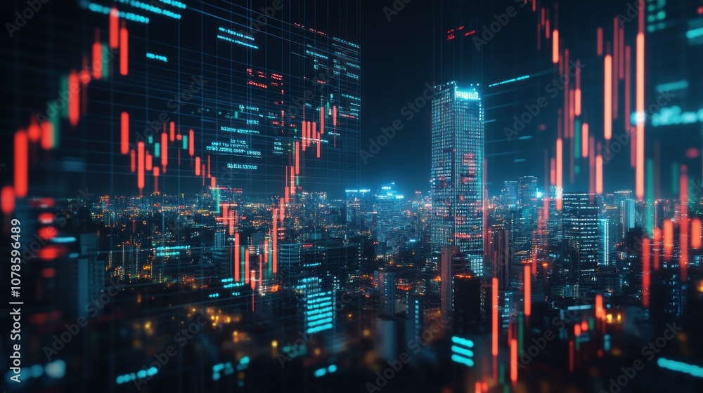 Cityscape with Stock Market Data Overlay Cityscape with Stock Market Data Overlay
