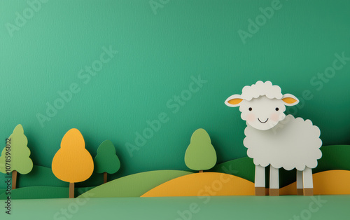 Cute paper craft landscape featuring a friendly sheep and colorful trees, perfect for illustrating nature and creativity themes. photo