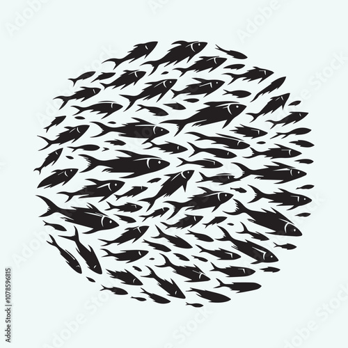 black flock of fish set vector, flock of fish silhouette vector icon black and white