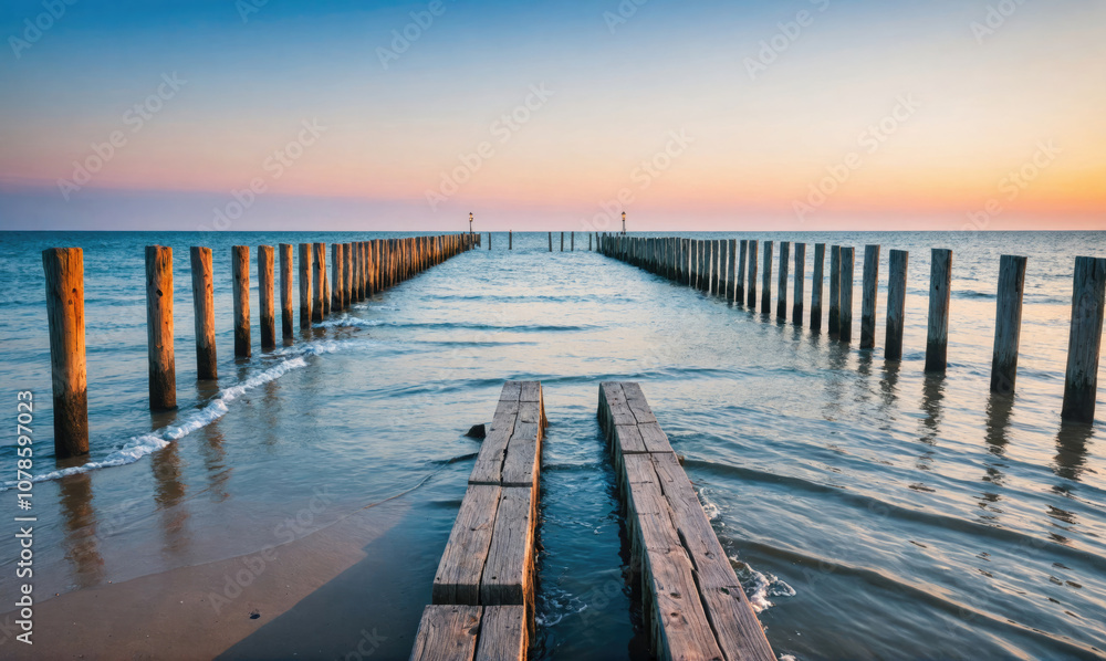 Fototapeta premium A wooden walkway leads to the ocean at sunset