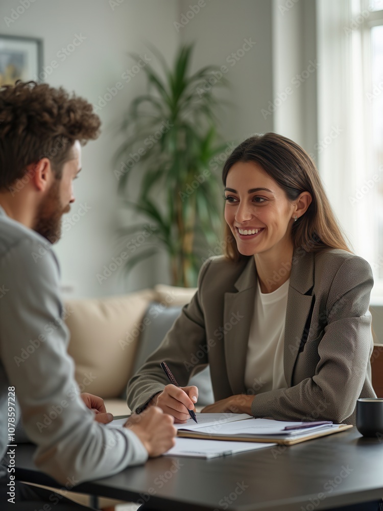 Two professionals engage in a friendly conversation at a table in a contemporary office. The woman, dressed in a blazer, smiles while taking notes, and the man listens attentively, creating a collabor Two professionals engage in a friendly conversation at a table in a contemporary office. The woman, dressed in a blazer, smiles while taking notes, and the man listens attentively, creating a collabor