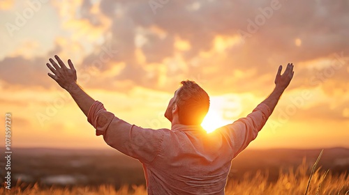Embrace the moment a man celebrates life as the sun sets in a vibrant sky