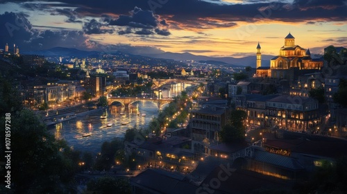 A panoramic view of a city at sunset with a river, bridges, and buildings illuminated by streetlights.