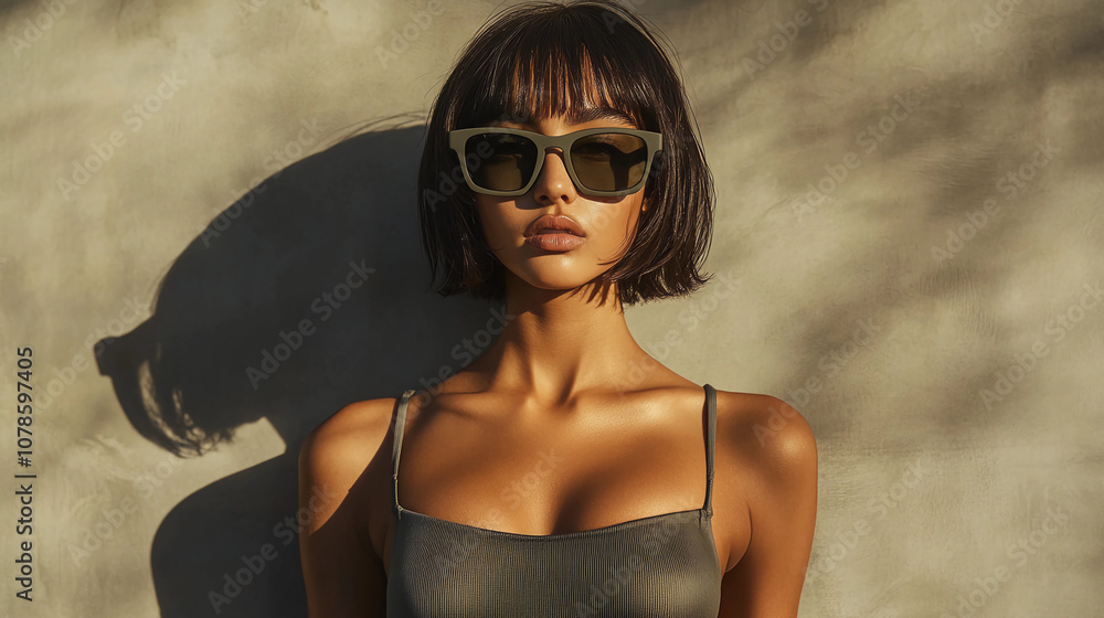 Naklejka premium Cute model with bobbed hair, and bold sunglasses