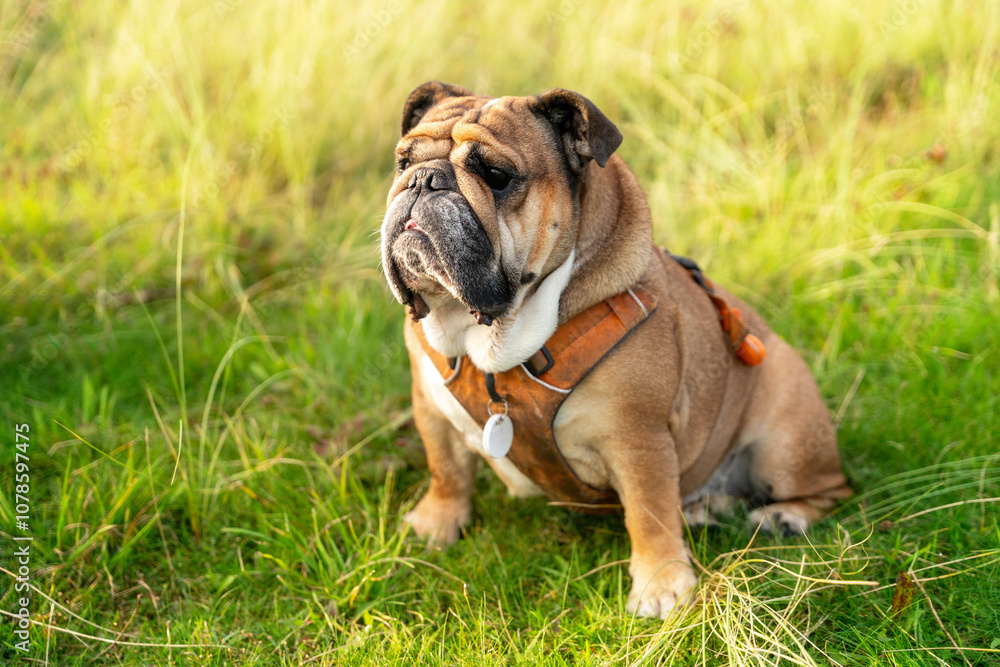 A playful bulldog resting in a grassy field during a sunny afternoon outing in the park A playful bulldog resting in a grassy field during a sunny afternoon outing in the park