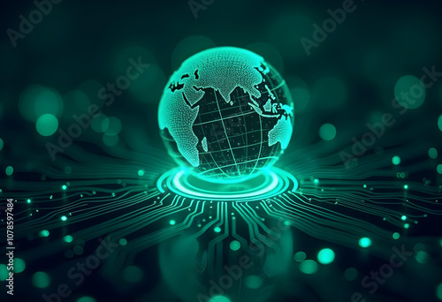 Digital globe with circuit patterns, representing technology and connectivity. vibrant green tones create futuristic atmosphere, symbolizing global communication and innovation
