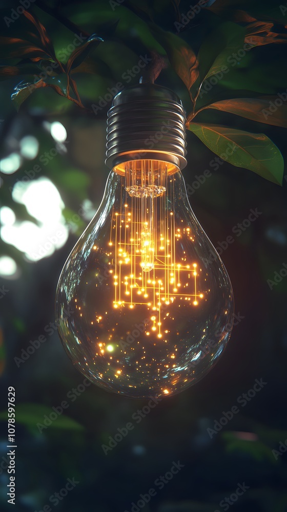 A light bulb with an electronic circuit inside, glowing golden against the dark background. The glass cover of the lamp is transparent and has visible digital connections. A light bulb with an electronic circuit inside, glowing golden against the dark background. The glass cover of the lamp is transparent and has visible digital connections.