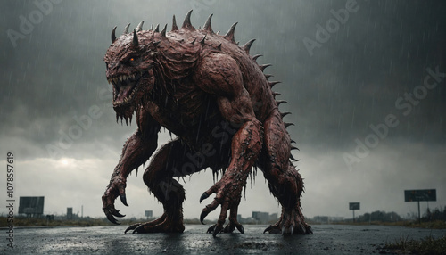 A monstrous creature with sharp claws and a menacing grin stalks a wet road, the cloudy sky mirroring the storm brewing within
