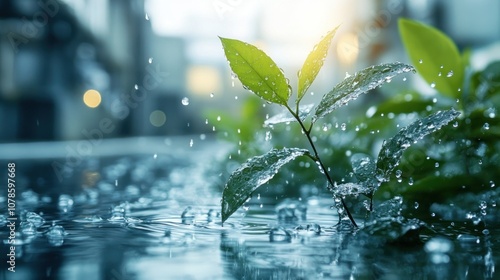 Rain Drops on Green Leaves