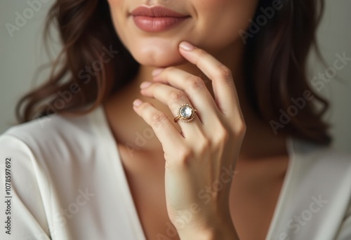 A woman poses gracefully, highlighting a stunning ring on her finger. She sits in a softly lit indoor space, exuding confidence and elegance with a gentle smile and natural makeup, emphasizing her ref