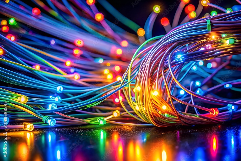 A black background with glowing, colorful wires and connections representing data flow or information transfer. A softly blurred background, professional photography. A black background with glowing, colorful wires and connections representing data flow or information transfer. A softly blurred background, professional photography.