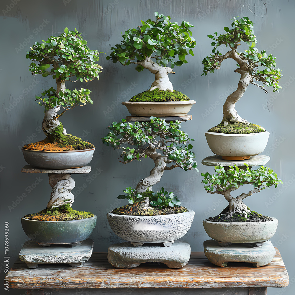 Bonsai,An arrangement of bonsai trees at different stages of development Bonsai,An arrangement of bonsai trees at different stages of development
