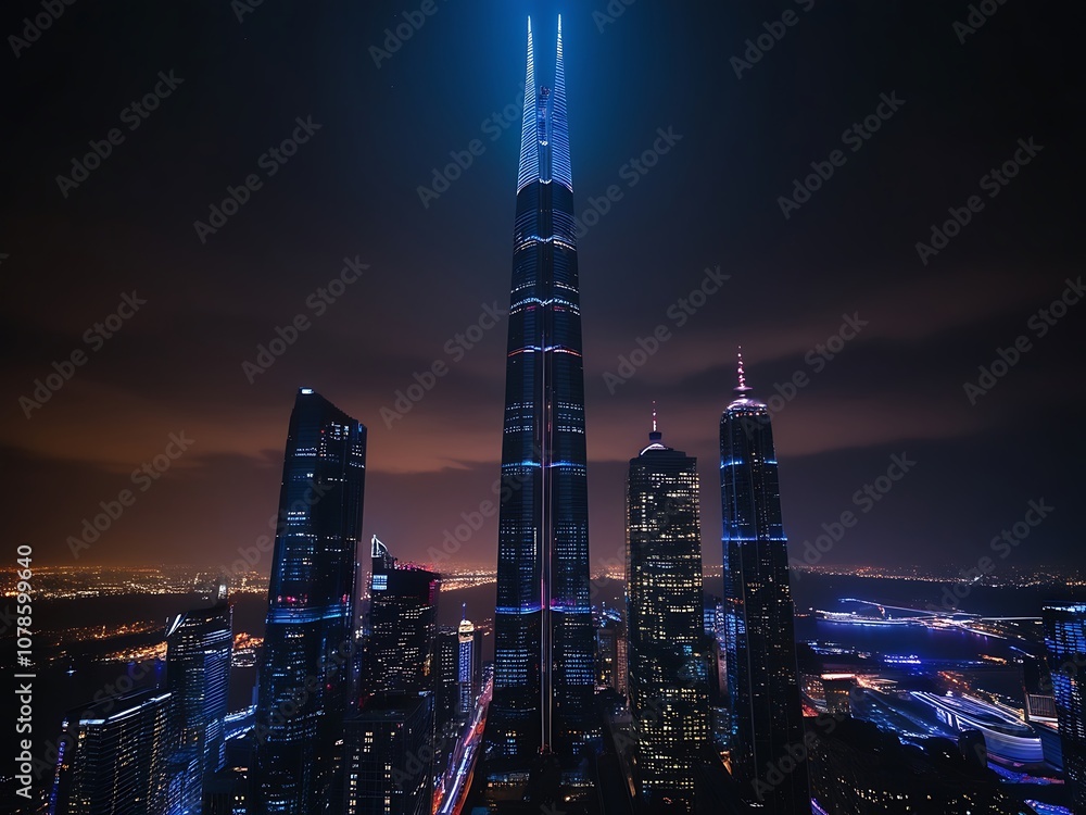 Obraz premium Illuminated Skyscrapers in a Cityscape at Night