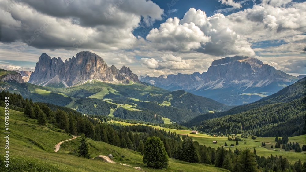 Naklejka premium Stunning Mountain Landscape Drawing with High Depth of Field, Capturing Majestic Peaks, Lush Green Valleys, and a Vibrant Sky That Evokes Tranquility and Natural Beauty