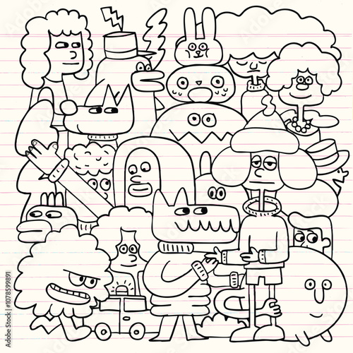 group of quirky cartoon characters with unique expressions and features, including animals and humans, drawn in playful style. scene is lively and imaginative