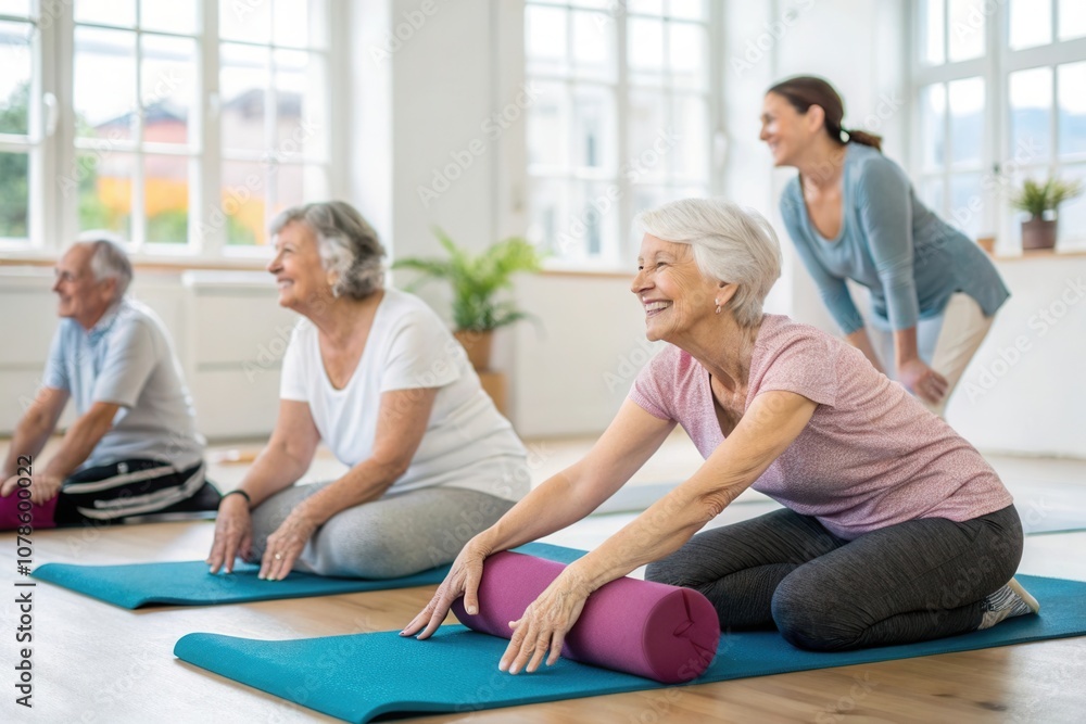 A group of seniors engages in a gentle yoga class, practicing flexibility and relaxation techniques. They use mats and props in a bright, spacious studio filled with natural light, promoting a serene A group of seniors engages in a gentle yoga class, practicing flexibility and relaxation techniques. They use mats and props in a bright, spacious studio filled with natural light, promoting a serene