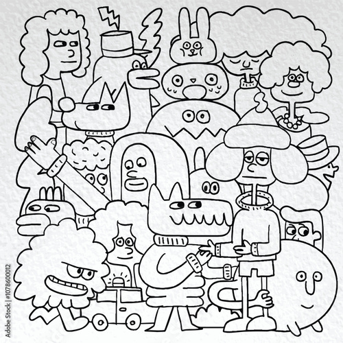 whimsical black and white illustration features variety of quirky cartoon characters, including animals and people, with playful expressions and unique hairstyles