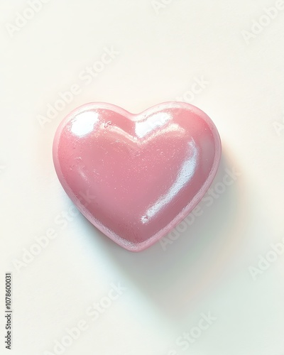 pastel pink hearts in minimalistic scene Shiny pink heart shaped object on white background.