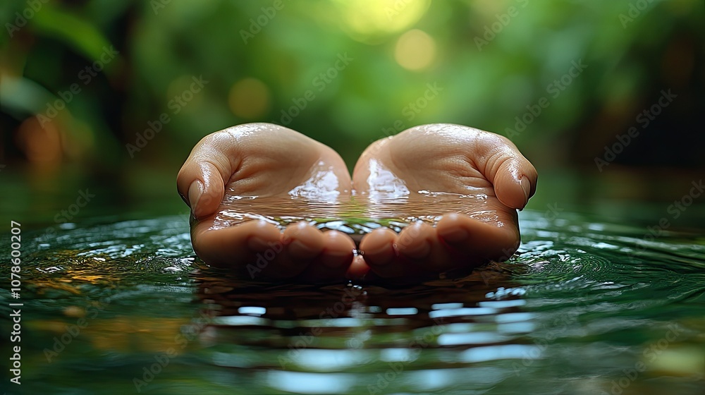 Fototapeta premium Hands cupping water from a stream, surrounded by lush greenery.