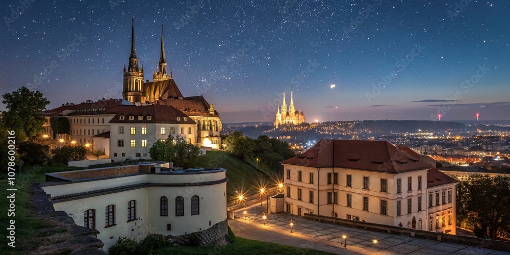 Naklejka premium Stunning Night View of Brno from Spilberk Castle with Illuminated Skyline and Historical Architecture Captured in Architectural Photography