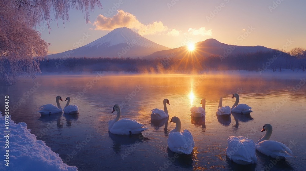 Naklejka premium Serene Swans at Sunrise with Mount Fuji