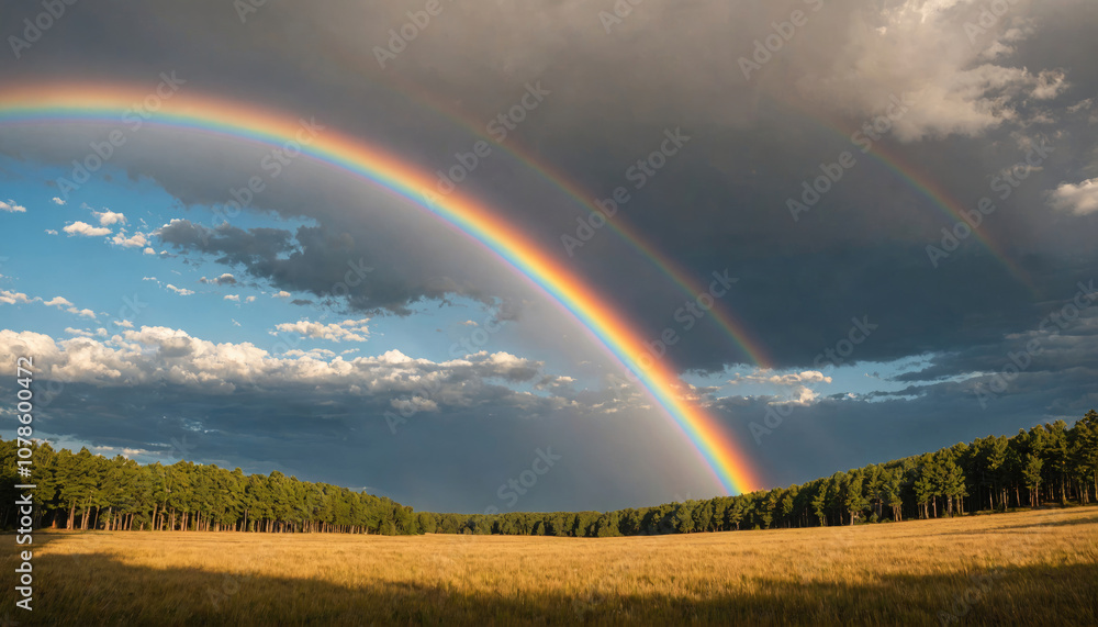 A rainbow arches over a field of tall grass and trees after a storm A rainbow arches over a field of tall grass and trees after a storm