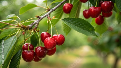 Stunning Panoramic Photography of Beautiful Ripe Cherries on a Branch with Selective Focus, Showcasing Nature's Bounty in a Lush Green Setting, Perfect for Food and Agriculture Themes