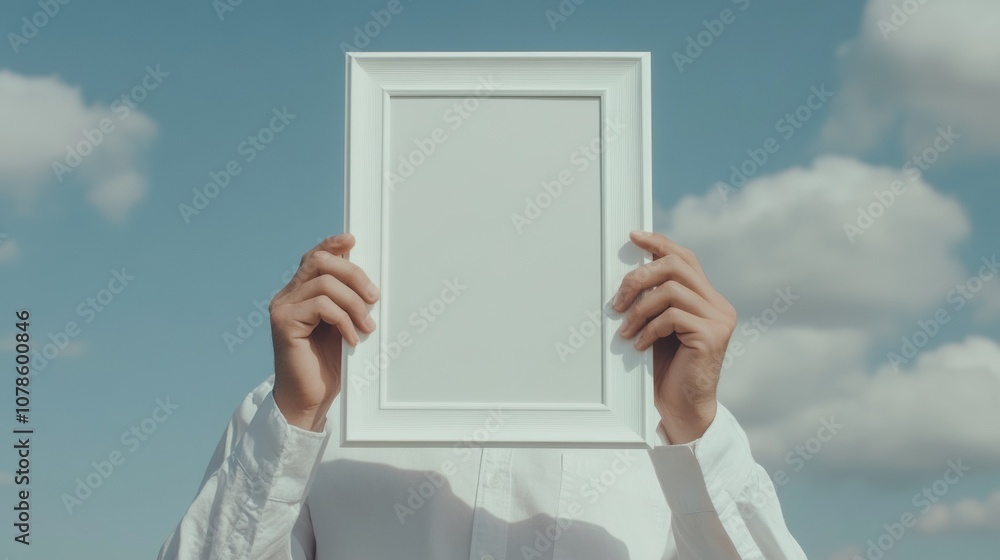 A Person in a White Shirt Holding an Empty Picture Frame Against a Blue Sky With Fluffy Clouds, Creating a Captivating Contrast Between Art and Nature During Daylight A Person in a White Shirt Holding an Empty Picture Frame Against a Blue Sky With Fluffy Clouds, Creating a Captivating Contrast Between Art and Nature During Daylight