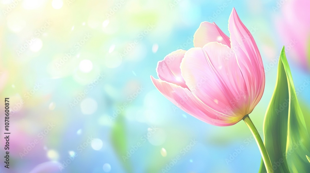 A Close-Up of a Delicate Pink Tulip Blooming Against a Soft, Colorful Background During Springtime, Showcasing Nature\'s Beauty and the Essence of the Season A Close-Up of a Delicate Pink Tulip Blooming Against a Soft, Colorful Background During Springtime, Showcasing Nature\'s Beauty and the Essence of the Season