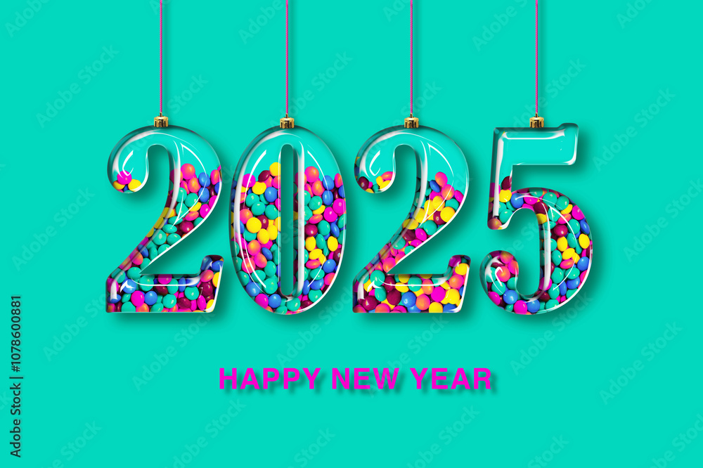 Naklejka premium Happy New Year 2025! beautiful glass Christmas tree decoration with colorful candy on blue background