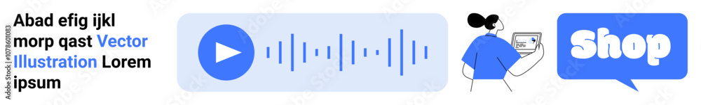Features a play button with sound waves, a person using a tablet, and a shop icon. Ideal for e-commerce, media, technology, digital marketing, and online services. Banner for landing page Features a play button with sound waves, a person using a tablet, and a shop icon. Ideal for e-commerce, media, technology, digital marketing, and online services. Banner for landing page