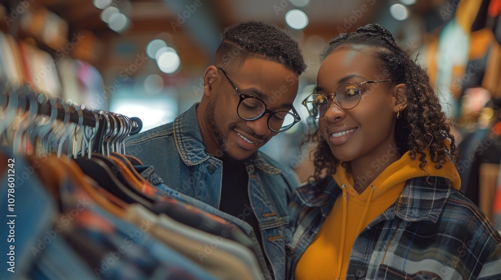 A young African American couple browsing clothes on a rack in a brightly lit boutique. A young African American couple browsing clothes on a rack in a brightly lit boutique.
