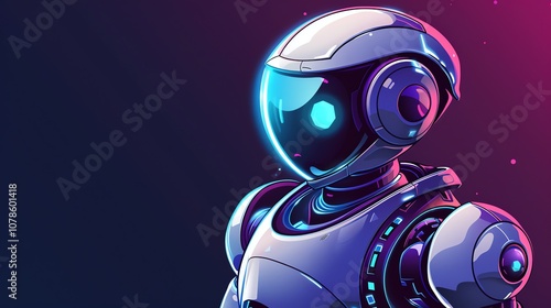 A cartoon illustration of a white robot with a glowing blue visor set against a purple and pink background.