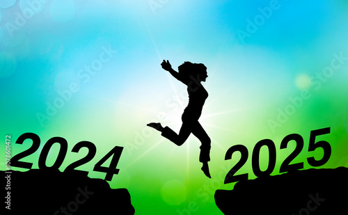 Sprung einer Person ins Jahr 2025 als Silhouette