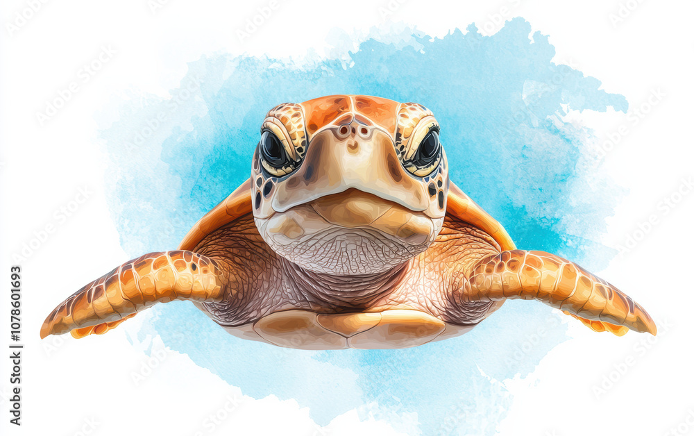 Obraz premium A vibrant illustration of a turtle swimming gracefully underwater, showcasing intricate details and stunning colors against a soft blue backdrop.