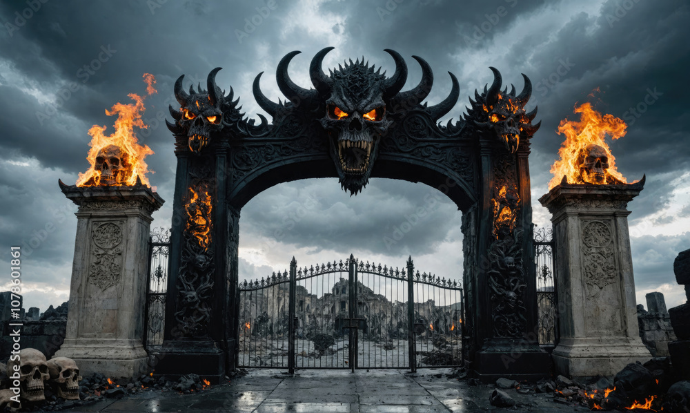 A flaming skull sits atop a stone pillar at the entrance to a dark, imposing gate A flaming skull sits atop a stone pillar at the entrance to a dark, imposing gate