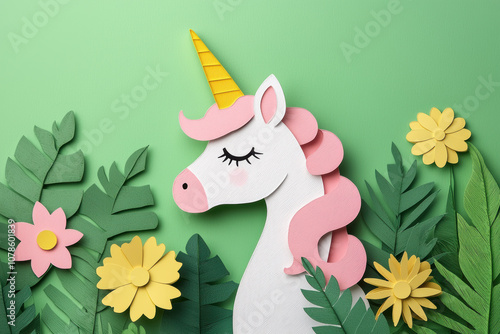 Wallpaper Mural A playful paper art unicorn surrounded by vibrant flowers and lush greenery, perfect for children's decor and whimsical design themes. Torontodigital.ca
