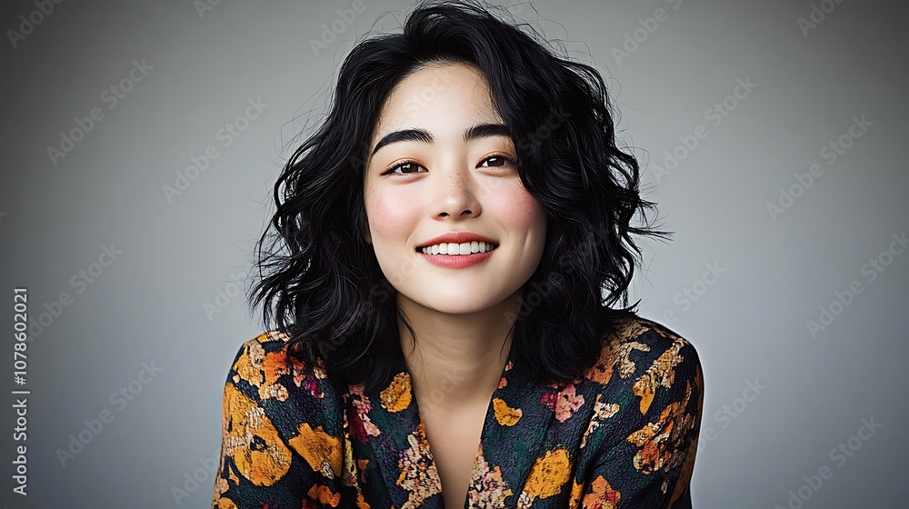 Smiling young woman radiates joy in a colorful floral outfit against a neutral background Smiling young woman radiates joy in a colorful floral outfit against a neutral background