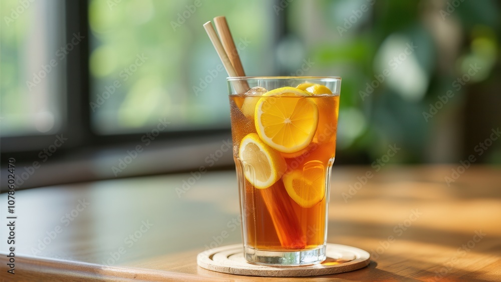 A tall glass filled with iced tea features vibrant lemon slices and two stirring sticks. The drink is placed on a wooden coaster, basking in natural light from a nearby window, creating a bright, invi A tall glass filled with iced tea features vibrant lemon slices and two stirring sticks. The drink is placed on a wooden coaster, basking in natural light from a nearby window, creating a bright, invi