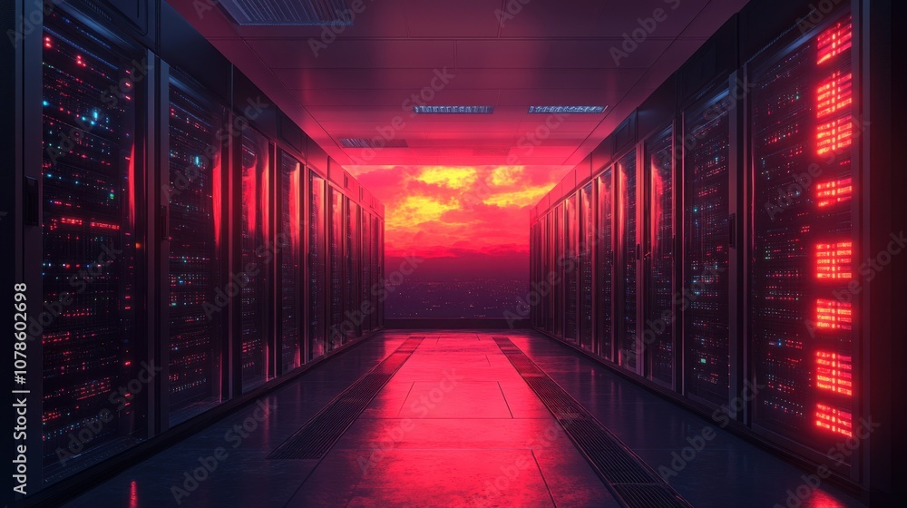 Futuristic server room with glowing lights and sunset view. Futuristic server room with glowing lights and sunset view.