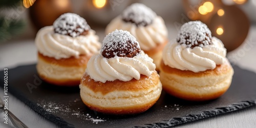 Powdered-sugar-dusted doughnuts adorned with chocolate atop, synonymous with the delights of Hanukkah festivities and joyous moments.