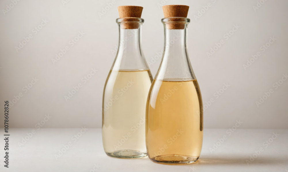 Two bottles of vinegar with cork tops sit on a white surface Two bottles of vinegar with cork tops sit on a white surface