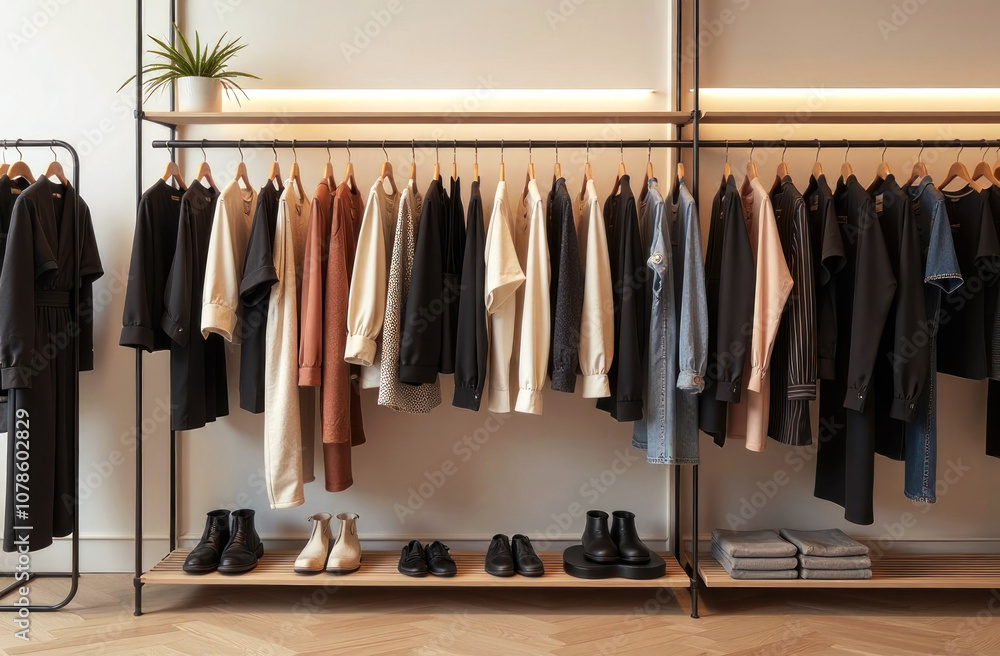 A well-organized display showcases a variety of clothing items and shoes in a contemporary retail environment. A well-organized display showcases a variety of clothing items and shoes in a contemporary retail environment.