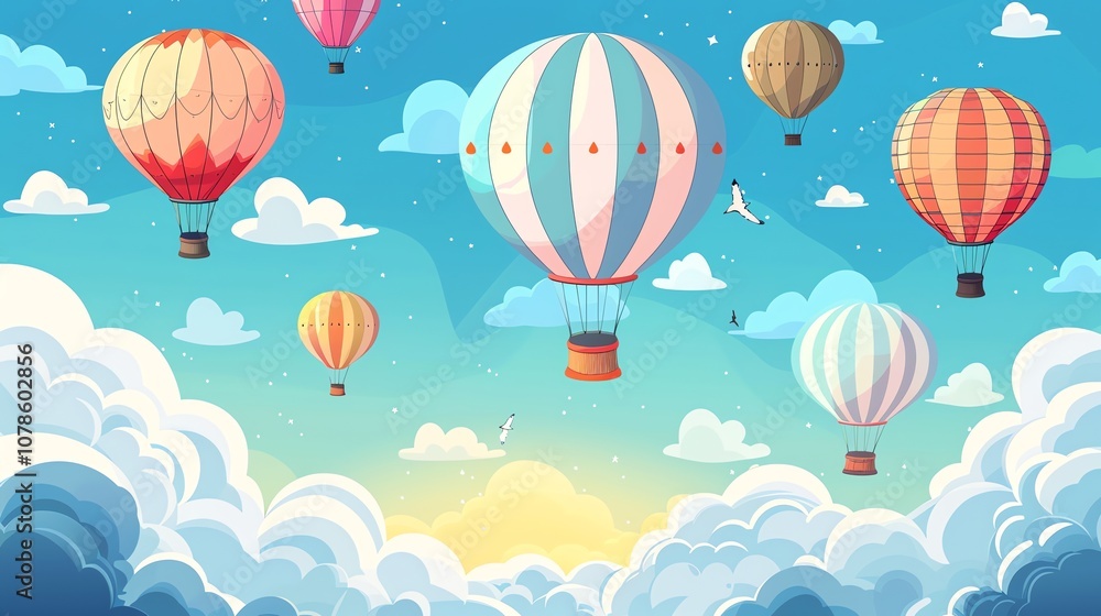 Fototapeta premium A cartoon illustration of hot air balloons floating in the sky.