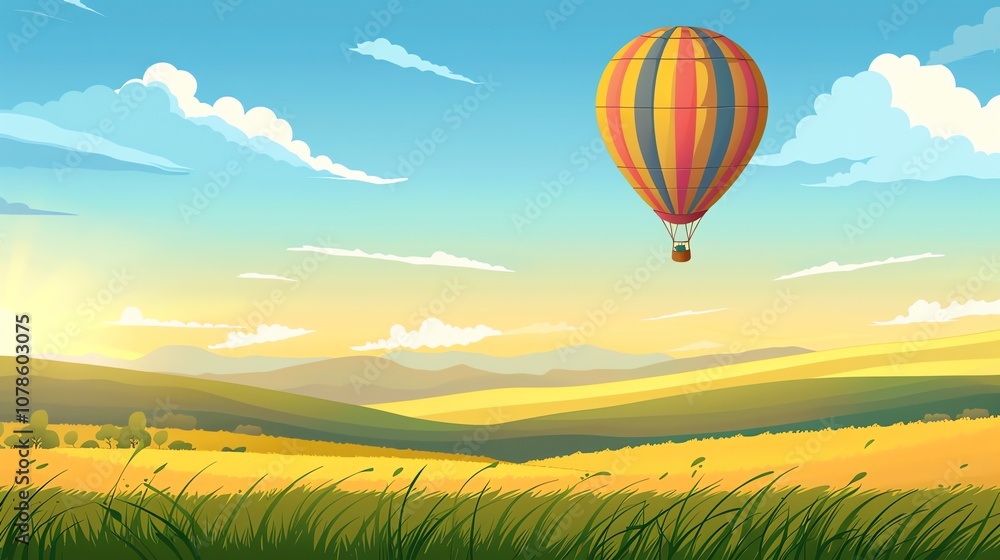 Fototapeta premium A cartoon hot air balloon flying over a grassy field with mountains in the background.